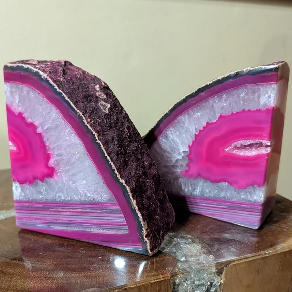 Pair of Brazilian Agate Geodes Dyed Pink Polished Sections for Bookends, Etc - Picture 12 of 14